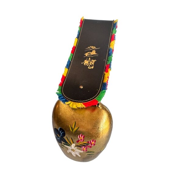 Large Hand-Painted Brass Swedish Cow Bell w/Leather Strap 16" Tall Signed Bauma - Picture 1 of 10